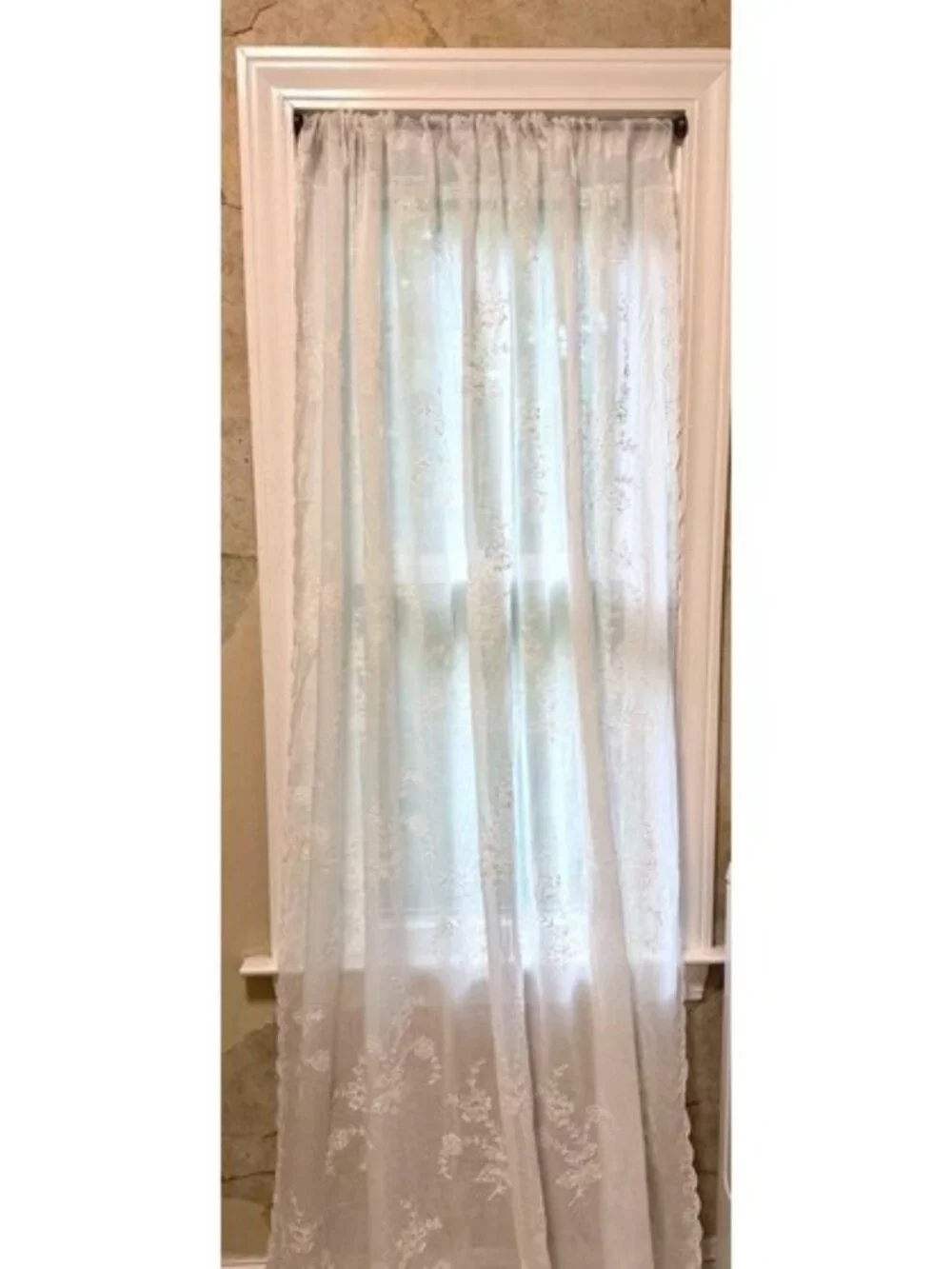 Pair of vintage 90s embroidered sheer curtains French Provincial style  57